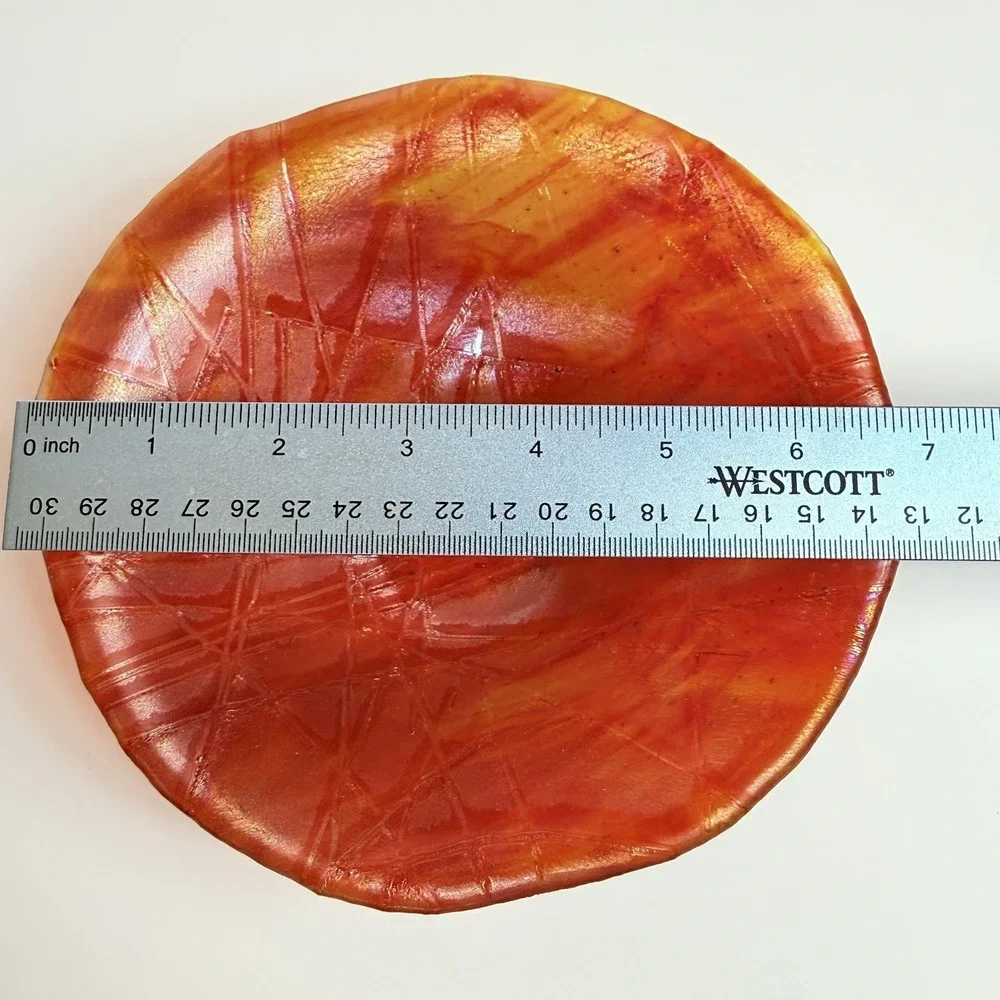Vintage Red Orange Fused Art Glass Bowl Iridescent Abstract Line Dish